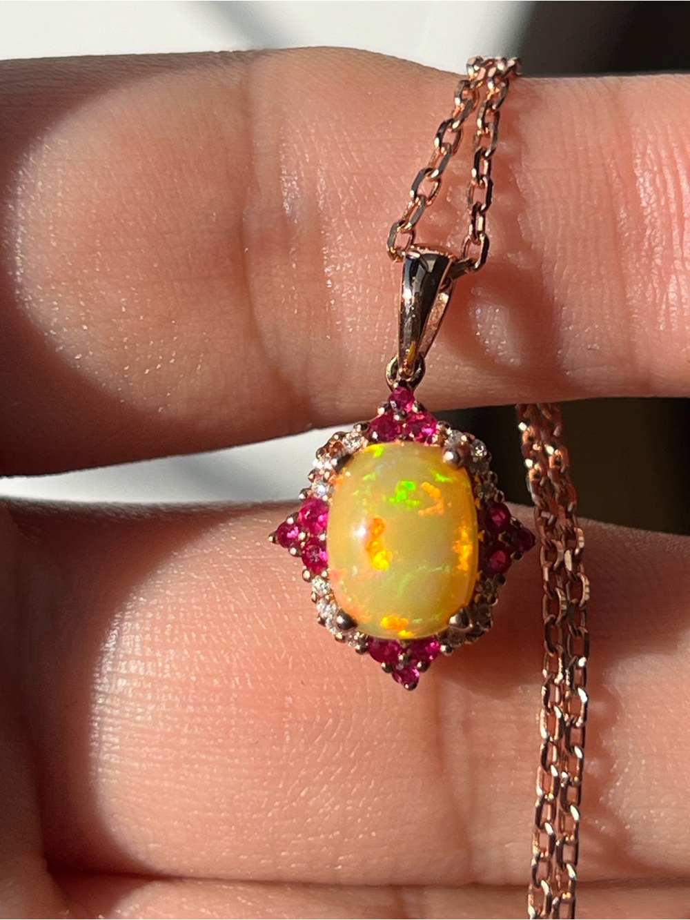 Rose Gold Opal Pendant Necklace with Rubies and Diamond’s in 10k - Picture 3 of 17